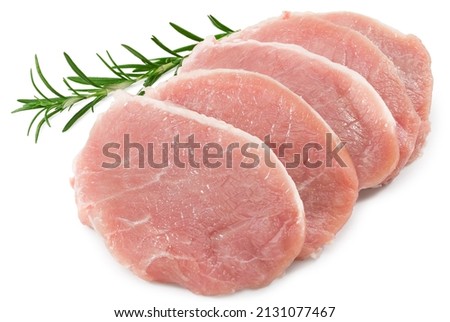 raw pork meat with rosemar isolated on white background. Clipping path and full depth of field