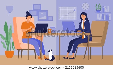 Hybrid work place. Freelancer versus office worker, remote worker and modern technology. Manager and housewife, girl indoor. Comfortable workplace, home or office. Cartoon flat vector illustration Royalty-Free Stock Photo #2131085600