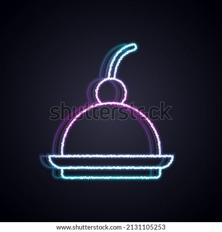 Glowing neon line Cherry cheesecake slice with fruit topping icon isolated on black background.  Vector