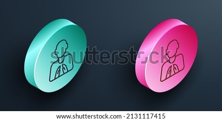 Isometric line Hands in praying position icon isolated on black background. Prayer to god with faith and hope. Turquoise and pink circle button. Vector