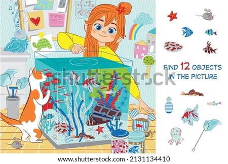 Girl takes care of the fish in the aquarium. Find 12 hidden objects in the picture. Hidden objects puzzle. Vector illustration.  Royalty-Free Stock Photo #2131134410