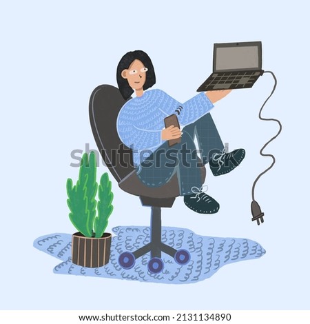 girl sitting with a laptop on an armchair, freelance, flat illustration