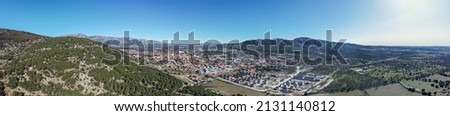 Panoramic view of the village of moralzarzal, surrounded by pine forests, located in the northwestern mountains, in the city of Madrid 