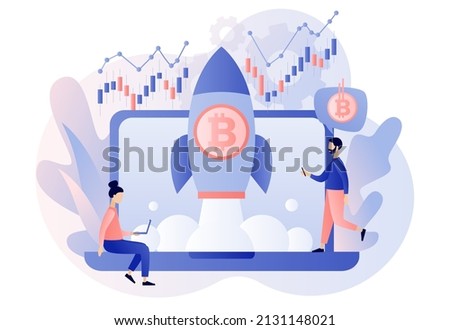 Bitcoin price skyrocket. Spaceship flying upwards. Bull market concept. Rate growth. Tiny people cryptocurrency investors online. Modern flat cartoon style. Vector illustration on white background

