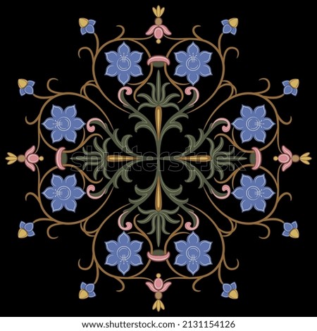 Beautiful square cross design with vintage floral motifs. Rectangular geometrical ornament with four heart symbols made of blooming vines. On black background.
