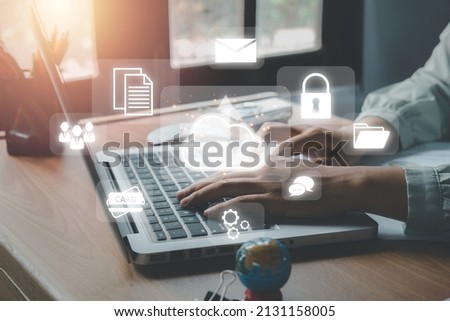 Cloud computing concept, Person hand using laptop computer with cloud computing icon, Backup Storage Data Internet, networking and digital, Share global, technology concept	