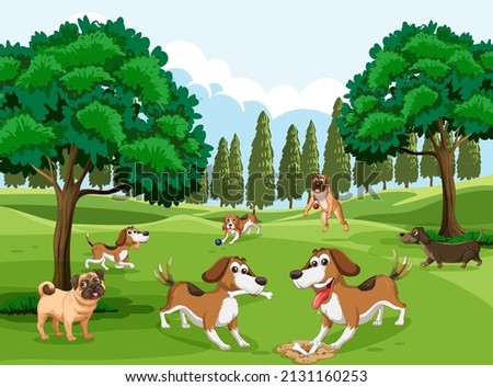 Many dogs playing in the park illustration