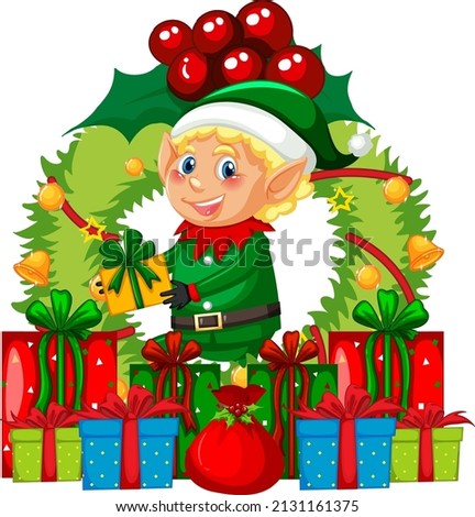 Cute elf Christmas wreath with many gift boxes illustration