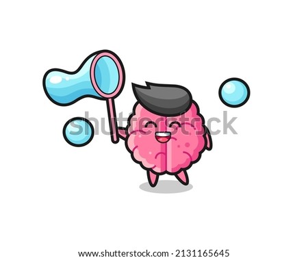 happy brain cartoon playing soap bubble , cute style design for t shirt, sticker, logo element