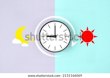Clock object and paper airplane pictogram flying around with sun and moon illustration Royalty-Free Stock Photo #2131166069