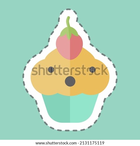 Cupcake Sticker in trendy line cut isolated on blue background