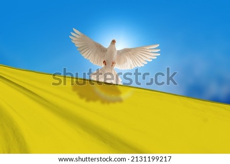 White Dove holding Ukraine flag Flying on blue sky to independence , freedom ,Pray for Ukraine and No war concept Royalty-Free Stock Photo #2131199217