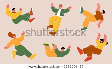 People fall down after slip, slide on wet floor or stumble. Vector flat illustration with person falling with injury risk. Men and women in shock and panic tumble down Royalty-Free Stock Photo #2131206417