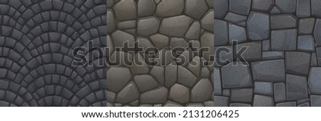 Game texture stones, pebbles, rock wall seamless pattern. Cartoon background of rocky road or floor, cobble pavement material textured surface, graphic design templates for landscaping, Vector set Royalty-Free Stock Photo #2131206425