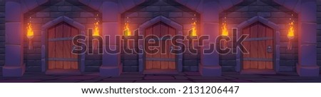 Medieval wooden doors in stone wall with arches and torches with fire. Vector cartoon illustration of corridor interior with brick wall and wood gates in ancient dungeon or castle