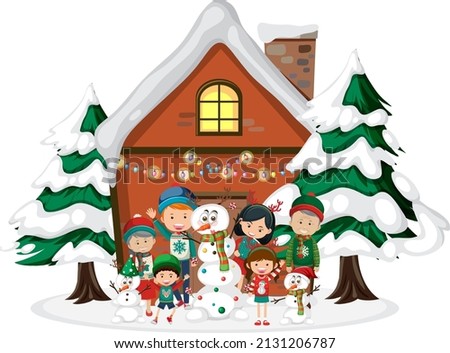 Happy family standing in front of winter house illustration