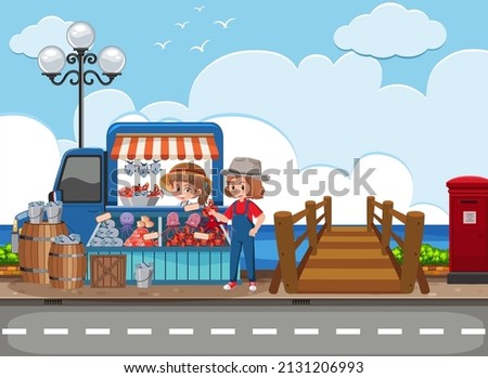 Outdoor scene with fresh fish seafood market stall illustration