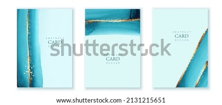 Set of vertical backgrounds. Blue, turquoise watercolor brush strokes. Golden lines, splatters. Chic, elegant design Royalty-Free Stock Photo #2131215651
