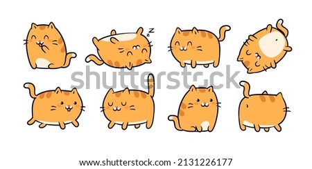 Cute Kawaii Red Cats or kittens in funny poses - isolated on white vector set. Funny cartoon fat cats  print or sticker design. Adorable kawaii pet animals