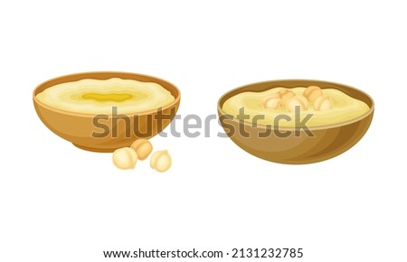 Hummus Savory Dish with Mashed Chickpeas Blended with Tahini in Wooden Bowl Vector Set Royalty-Free Stock Photo #2131232785