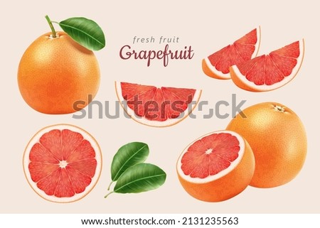 3d illustration of red grapefruits in halves and wedges with its leaves isolated on light pink background Royalty-Free Stock Photo #2131235563