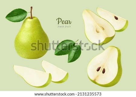 Green European pear set. 3d illustration of fresh pears in halves and wedges with its leaves isolated on light green background Royalty-Free Stock Photo #2131235573