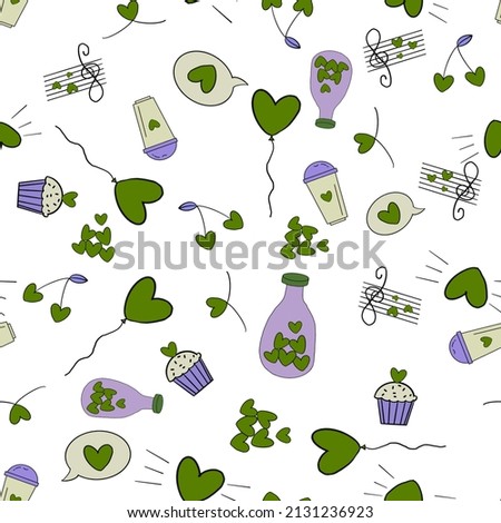 Hand Drawn Hearts Bottle Balloon Musical Note Minimal Seamless Pattern Seamless Stylish Trendy Sweet Design Fashion Perfect Perfect for Fabric Print Wall cards Wrapping cards