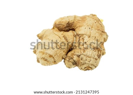 Fresh organic ginger rhizome root used in traditional medicines and for flavoring meals, drinks, isolated on white