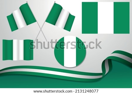 Set Of Nigeria Flags In Different Designs, Icon, Flaying Flags With ribbon With Background. Free Vector