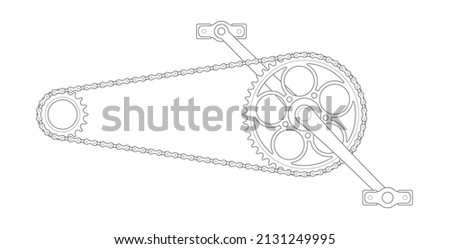 Vector black line vintage bicycle crank with chain. Fixed gear. Single Speed. Isolated on white background.