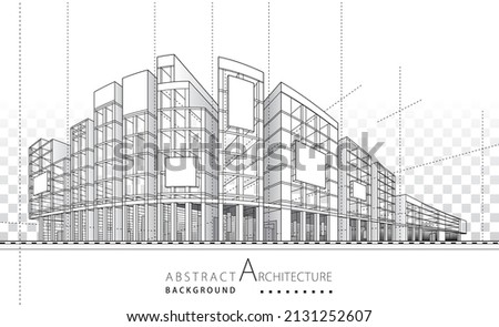 3D illustration architecture building construction perspective design,abstract modern urban building line drawing. Royalty-Free Stock Photo #2131252607