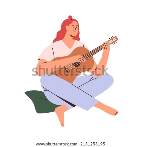 Musician playing guitar. Happy young woman guitarist with musical acoustic instrument. Modern creative relaxed music player. Talented person. Flat vector illustration isolated on white background