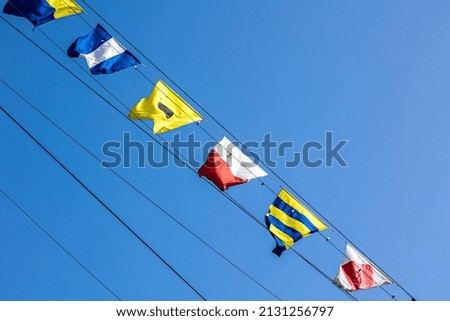 The colorful flags in the wind against the sky in the background