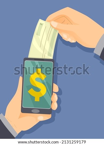 Illustration of Hands Holding Phone with Dollar Sign Pulling Out Payout Check Above It. Mobile Money Transfer