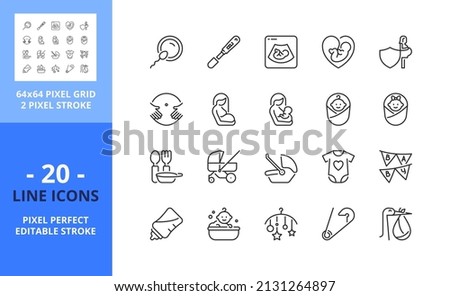 Line icons about pregnancy and baby. Contains such icons as baby boy, baby girl, pacifier, breastfeeding, clothes, room, feeding bottle and stroller. Editable stroke. Vector - 64 pixel perfect grid Royalty-Free Stock Photo #2131264897