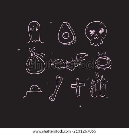 Witch craft. Vector illustration. Icon. Witch magic design vector elements set. Hand drawn collection, doodle, magician sketch. Witchcraft symbols.