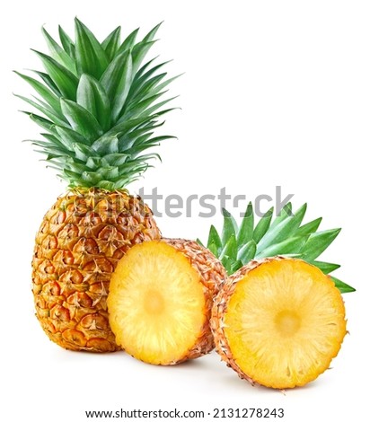 Pineapple with a leaf exotic fruit with slice isolated on white background. Pineapple Clipping Path. Full depth of field.