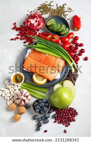 Anti Aging foods on light background. Food for healthy heart, brain and good memory. High in antioxidants, minerals and vitamins. Top view, flat lay, copy space Royalty-Free Stock Photo #2131288341