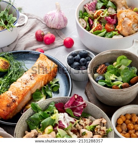 Healthy food assortment on light background. Dieting concept.  Royalty-Free Stock Photo #2131288357