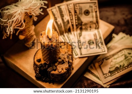 Ritual and spell for attracting money, pagan magic and fate prediction, work of witch, occultism concept Royalty-Free Stock Photo #2131290195