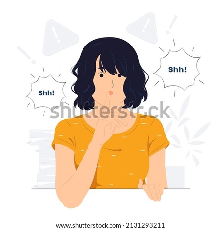 Woman with finger on lips shhh gesture looks mysteriously as tells top secret asking to be quiet, asks not to make noise, remain silent, silence and quietly concept illustration Royalty-Free Stock Photo #2131293211