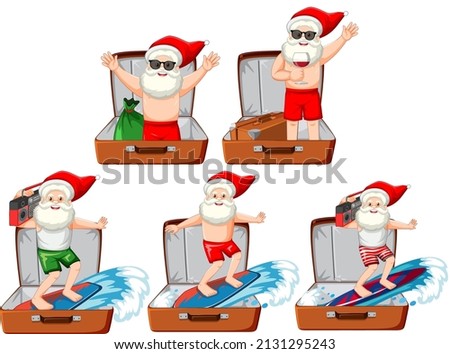 Set of Christmas theme with Santa in a luggage on white background illustration