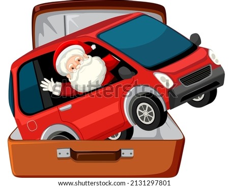 Christmas theme with Santa in a car in a luggage on white background illustration