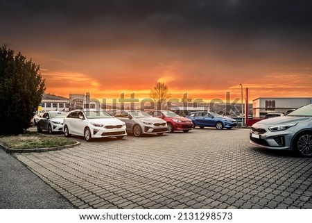 Fleet of modern new stock vehicles standing in the parking lot prepared for carsale during cloudy morning sunrise. Row of cars with different colors and sizes waiting for new customers.
