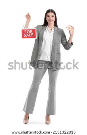 Female real estate agent with "For Sale" sign on white background