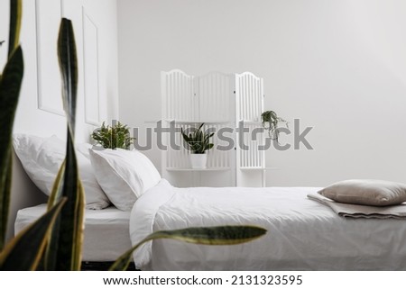 Comfortable bed and folding screen with houseplants near white wall
