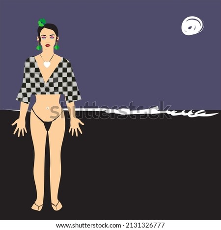 Illustration of a girl on the beach wearing a sarong Balinese beach dress 3