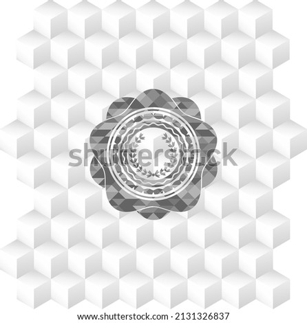 leaf crown icon inside grey emblem with geometric cube white background. 