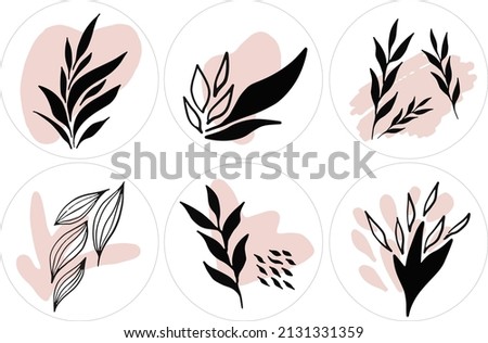 Set of 6 highlights cover icons for stories. Illustrated vector icons. Round templates for social media. Abstract floral backgrounds. Trendy elements for stories in pastel colors.