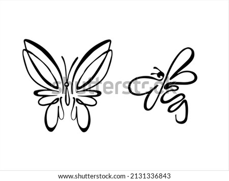 Butterfly and bee. Black line doodle tatoo or logo. Vector outline illustration. Nature monochrome line art design. Hand drawn simple linear art Royalty-Free Stock Photo #2131336843